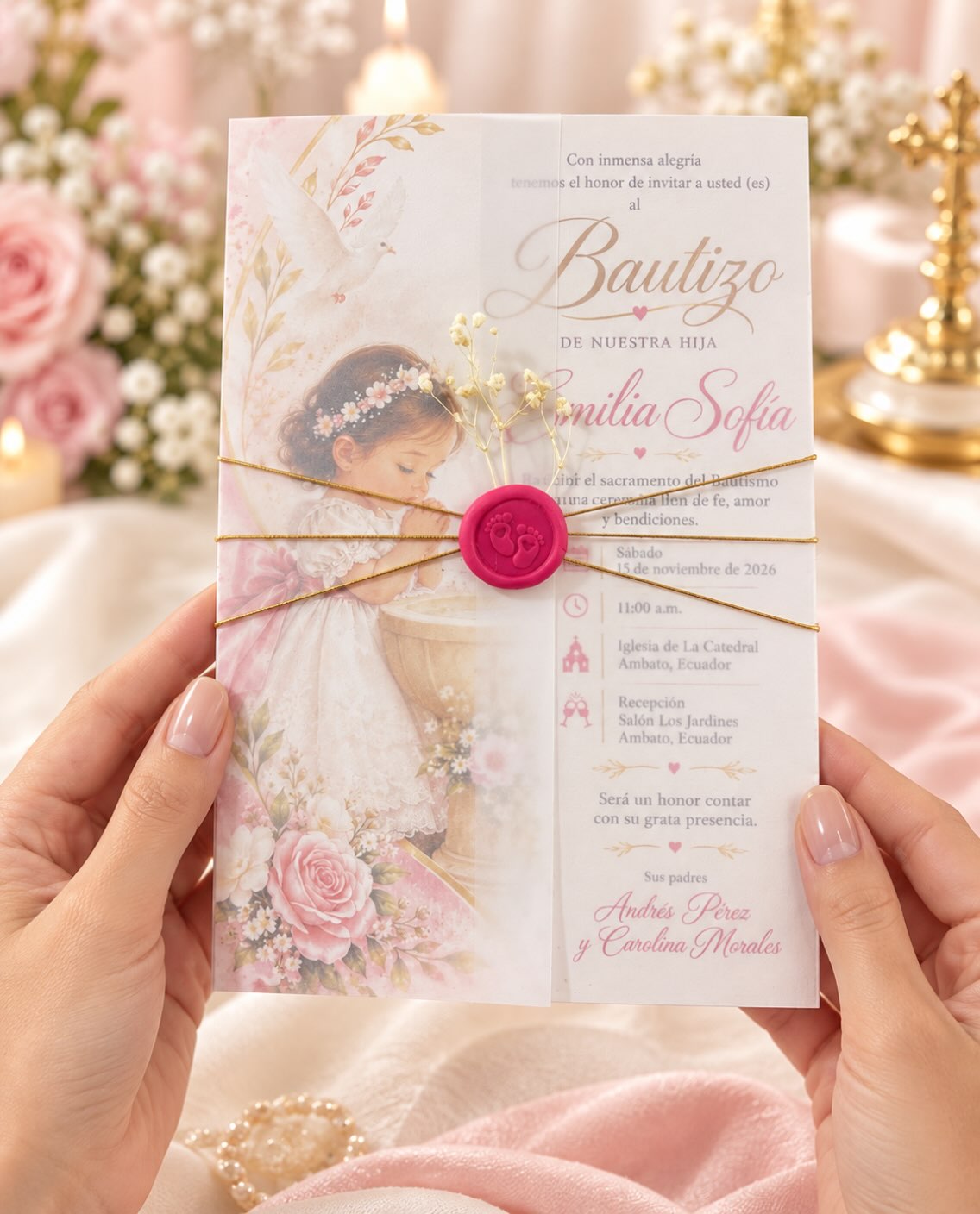 Invitación de bautizo con sobre rosado, arte floral y sello de lacre fucsia