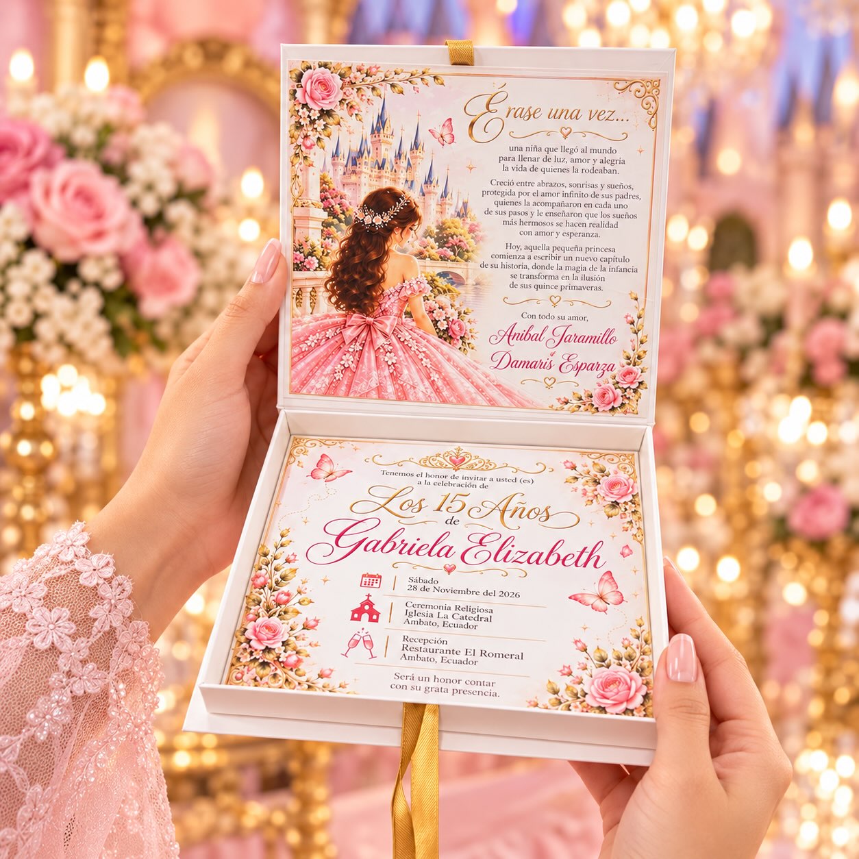 Caja de invitación para quinceañera con diseño floral rosado y lazo dorado