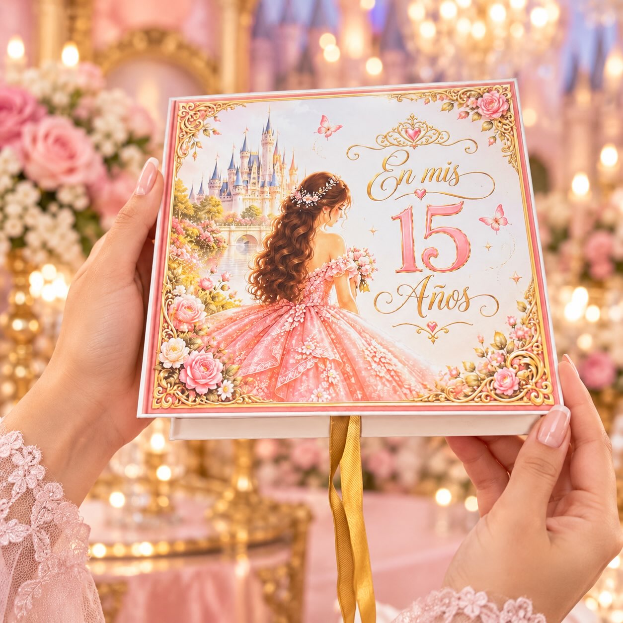 Caja de invitación de quinceañera con ilustración de vestido rosado y letras doradas