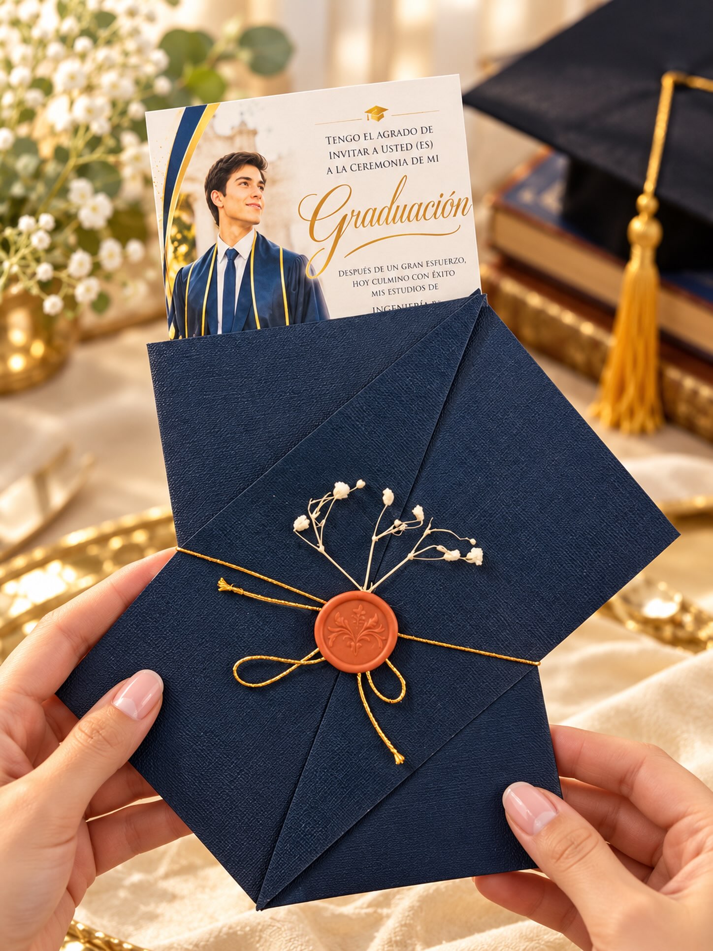 Invitación de grado sobre sobre azul marino con cordón dorado y sello de lacre