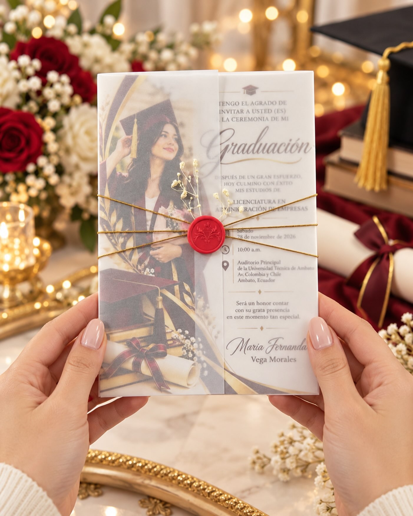 Invitación de grado con cubierta traslúcida y sello de lacre rojo sostenida a mano