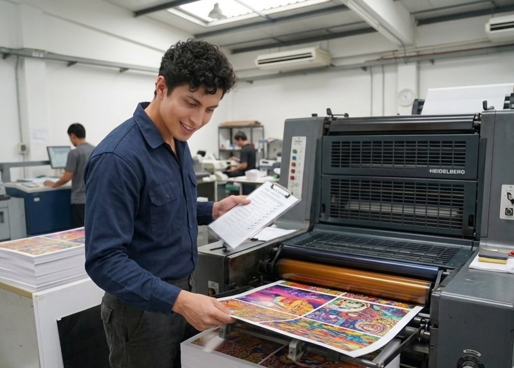 Iván Andrés Morejón Carrera inspeccionando pliegos impresos junto a una máquina de imprenta en el taller